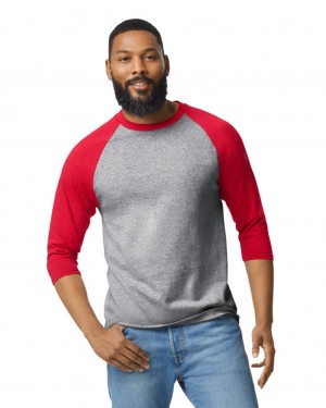 Men's Gildan 5700 3/4 Raglan T-Shirts Sport Grey / Red | JCYS94682