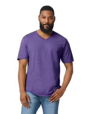 Men's Gildan 64V00 V-Neck T-Shirts Heather Purple | UQOE45079