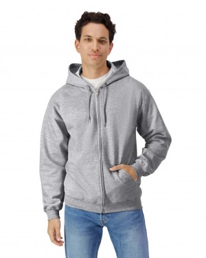 Men's Gildan SF600 Midweight Fleece Full Zip Hoodie Sweatshirt Ring Spun Sport Grey | BUQE54012