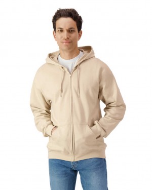 Men's Gildan SF600 Midweight Fleece Full Zip Hoodie Sweatshirt Sand | QONG16729