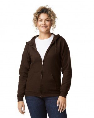 Women's Gildan 18600 Full Zip Hoodie Dark Chocolate | OMKA32814