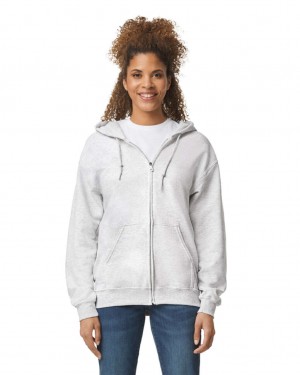 Women's Gildan 18600 Full Zip Hoodie Sweatshirt Ash | RHYJ63054