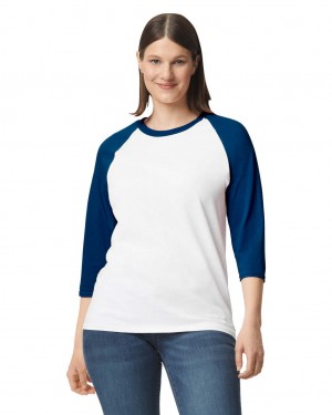 Women's Gildan 5700 3/4 Raglan T-Shirts White / Navy | XUWO82941