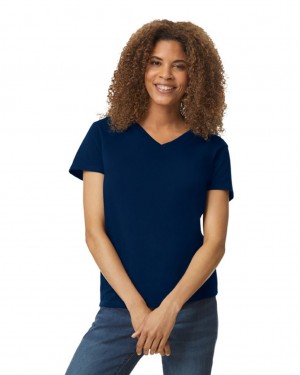 Women's Gildan 5V00L V-Neck T-Shirts Navy | UFBY75014