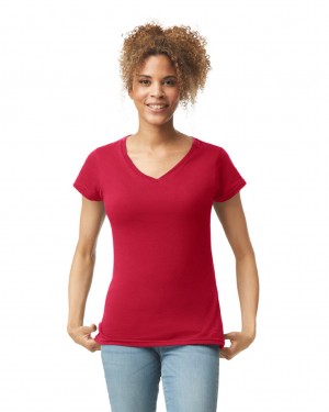 Women's Gildan 64V00L V-Neck T-Shirts Cherry Red | BGEV30965