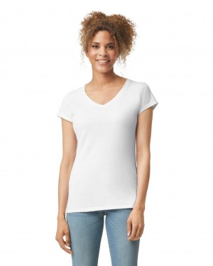 Women's Gildan 64V00L V-Neck T-Shirts White | LJMQ18540