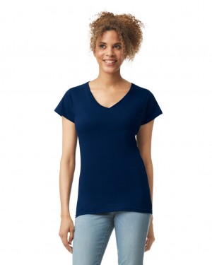 Women's Gildan 64V00L V-Neck T-Shirts Navy | DKLB18527