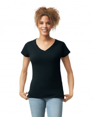 Women's Gildan 64V00L V-Neck T-Shirts Black | HTAZ49827