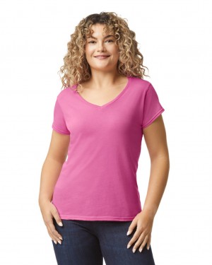 Women's Gildan 64V00L V-Neck T-Shirts Azalea | HXEK59803