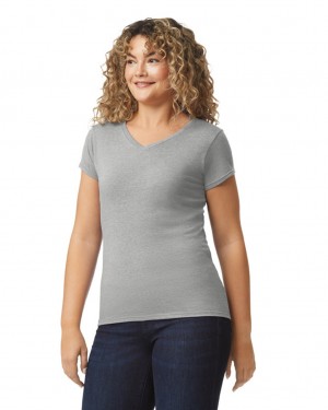 Women's Gildan 64V00L V-Neck T-Shirts Ring Spun Sport Grey | IGVC93862