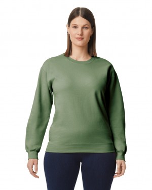 Women's Gildan SF000 Midweight Fleece Crewneck Sweatshirt Military Green | QCDN80657