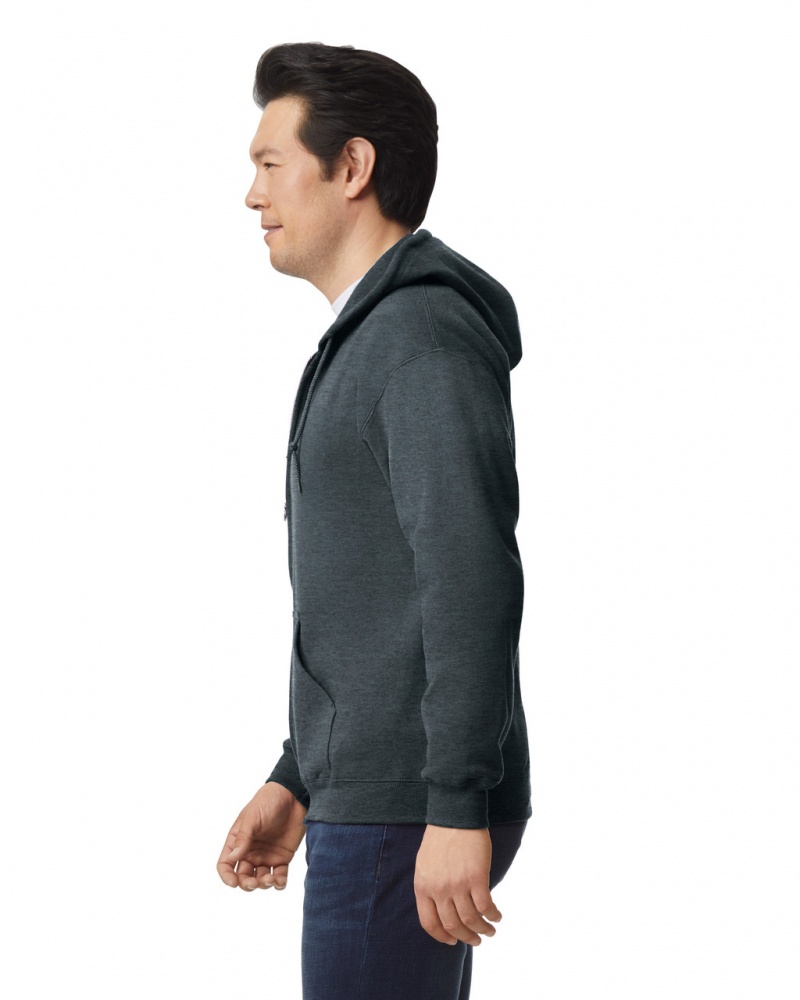 Men's Gildan 18600 Full Zip Hoodie Sweatshirt Dark Heather | RWIT08923