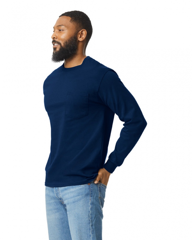 Men's Gildan 2410 Long Sleeve with Pocket T-Shirts Navy | YEUF41075