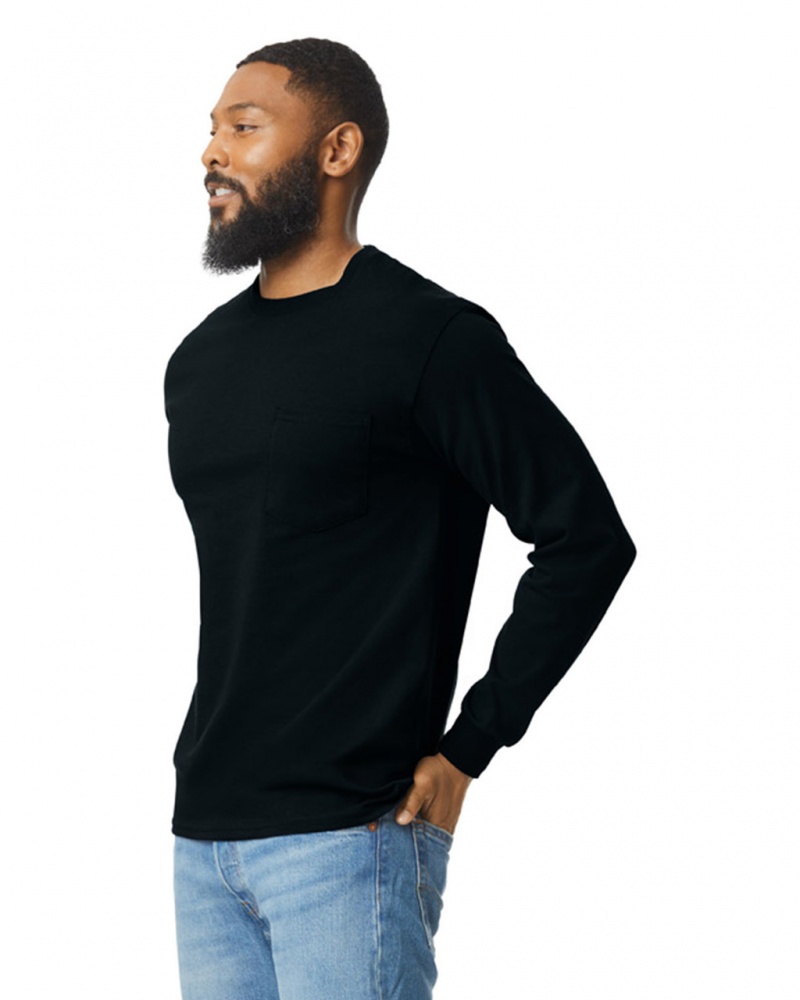 Men's Gildan 2410 Long Sleeve with Pocket T-Shirts Black | VOTL93502