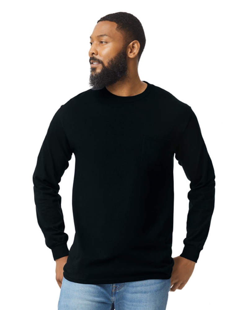 Men\'s Gildan 2410 Long Sleeve with Pocket T-Shirts Black | VOTL93502