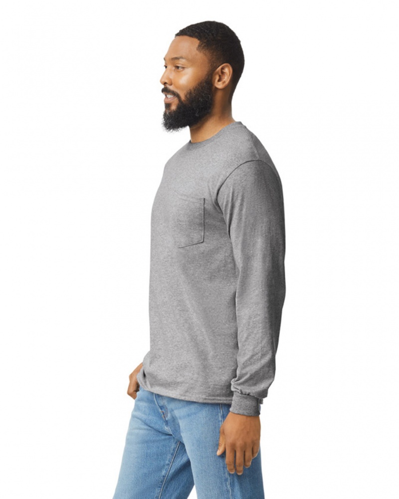 Men's Gildan 2410 Long Sleeve with Pocket T-Shirts Sport Grey | CQRI30176