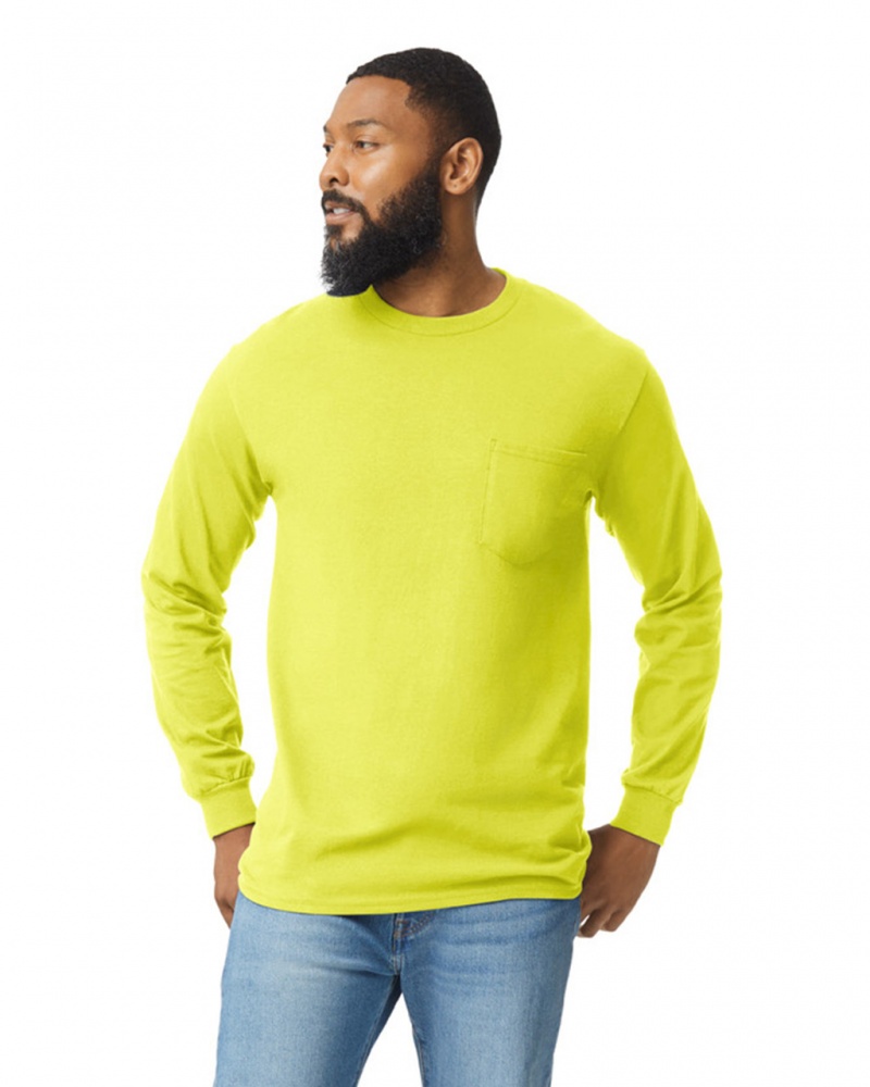 Men's Gildan 2410 Long Sleeve with Pocket T-Shirts Safety Green | CNOX63408