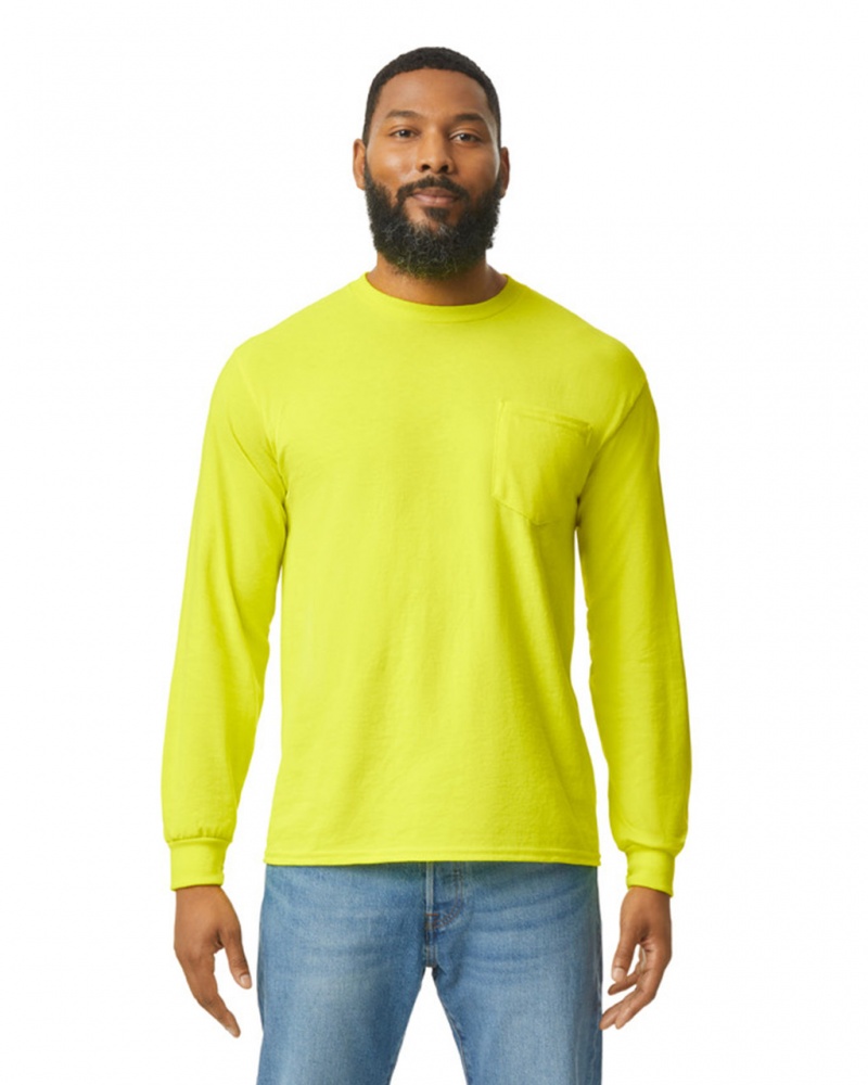 Men\'s Gildan 2410 Long Sleeve with Pocket T-Shirts Safety Green | CNOX63408