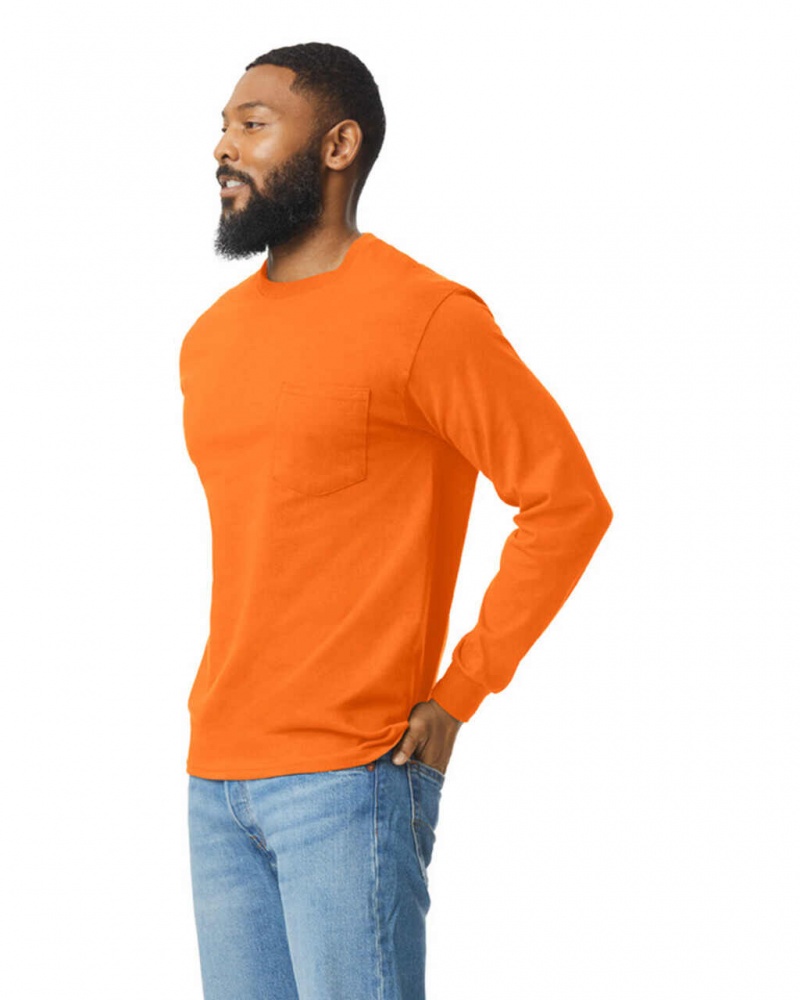 Men's Gildan 2410 Long Sleeve with Pocket T-Shirts S Orange | XDYM89435