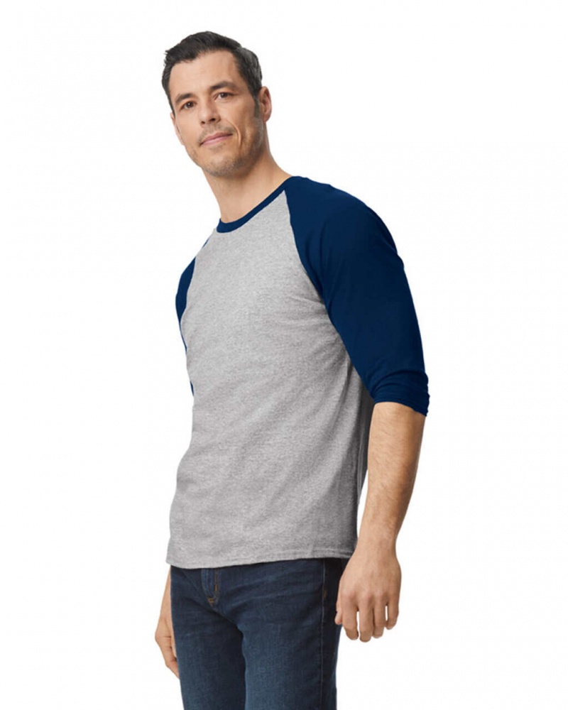 Men's Gildan 5700 3/4 Raglan T-Shirts Sport Grey / Navy | TPMY87923