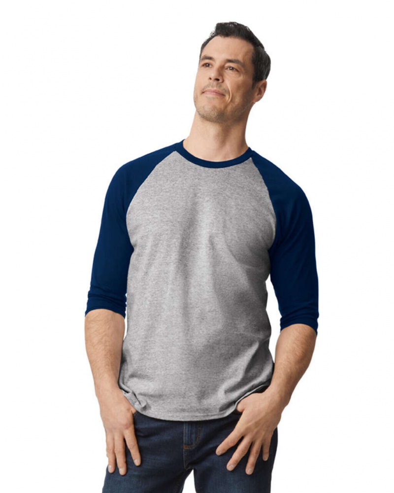 Men\'s Gildan 5700 3/4 Raglan T-Shirts Sport Grey / Navy | TPMY87923