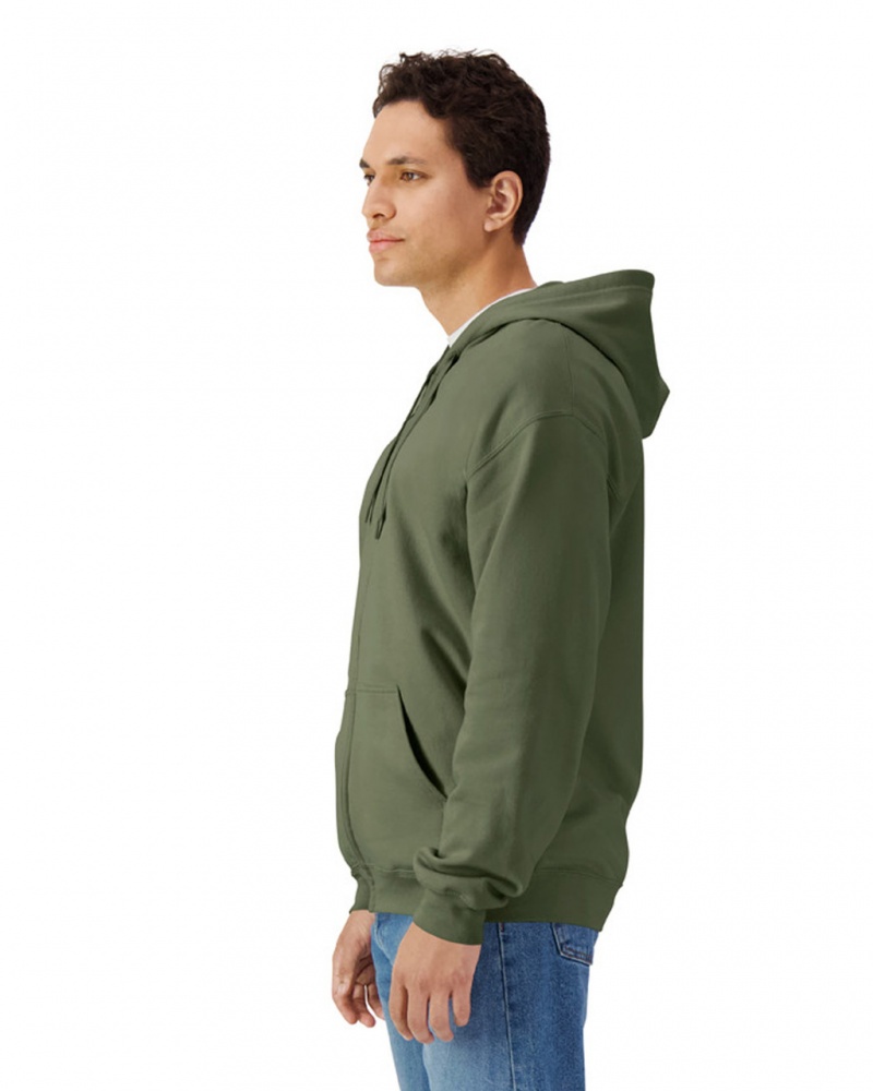 Men's Gildan SF600 Midweight Fleece Full Zip Hoodie Sweatshirt Military Green | UNLE89631