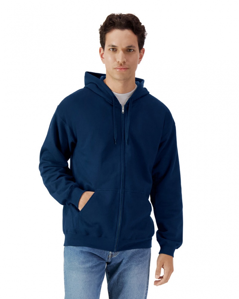 Men\'s Gildan SF600 Midweight Fleece Full Zip Hoodie Sweatshirt Navy | USXR84256