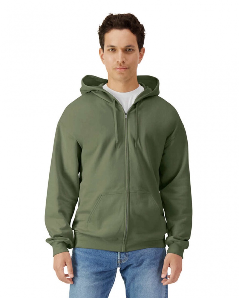 Men\'s Gildan SF600 Midweight Fleece Full Zip Hoodie Military Green | WQDX07632