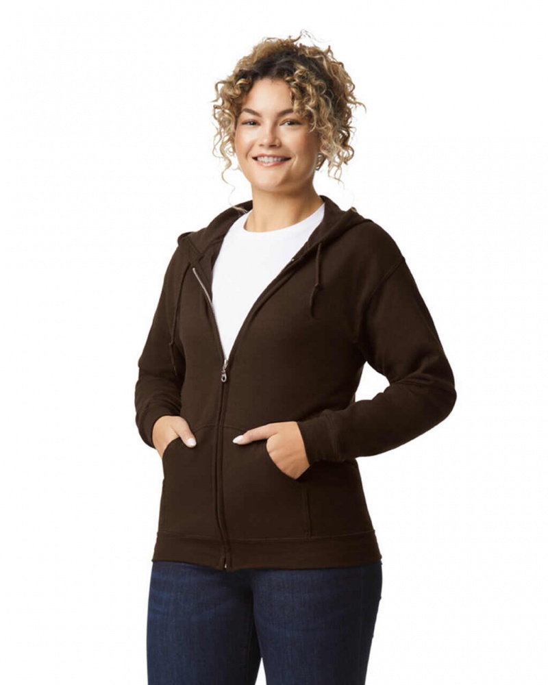 Women's Gildan 18600 Full Zip Hoodie Sweatshirt Dark Chocolate | VBTE91084