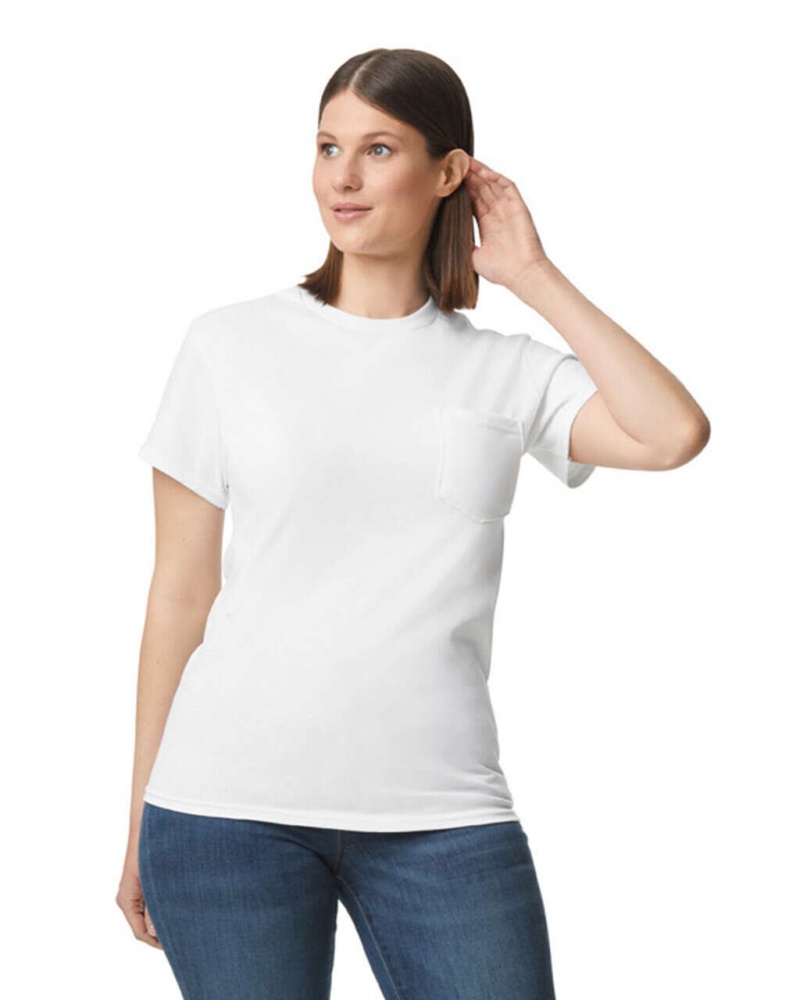 Women's Gildan 2300 with Pocket T-Shirts White | GKJR74359