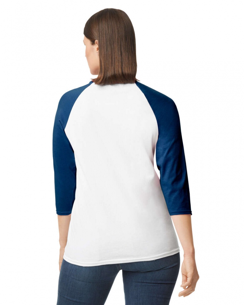 Women's Gildan 5700 3/4 Raglan T-Shirts White / Navy | XUWO82941