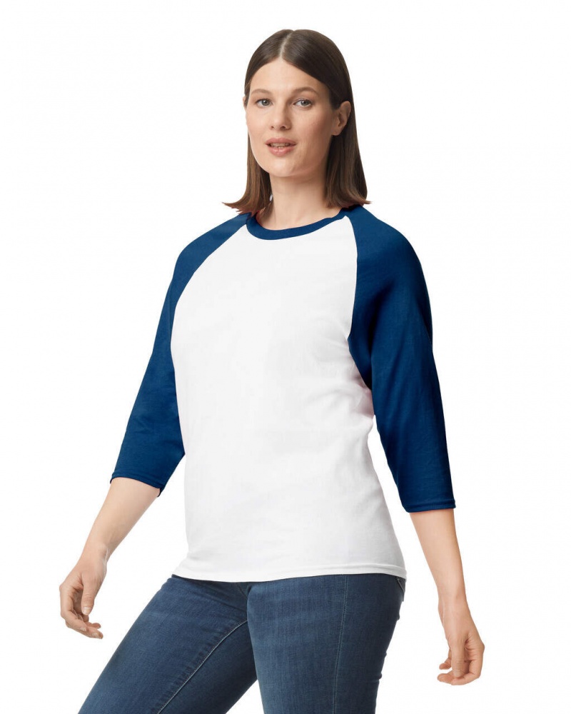 Women's Gildan 5700 3/4 Raglan T-Shirts White / Navy | XUWO82941