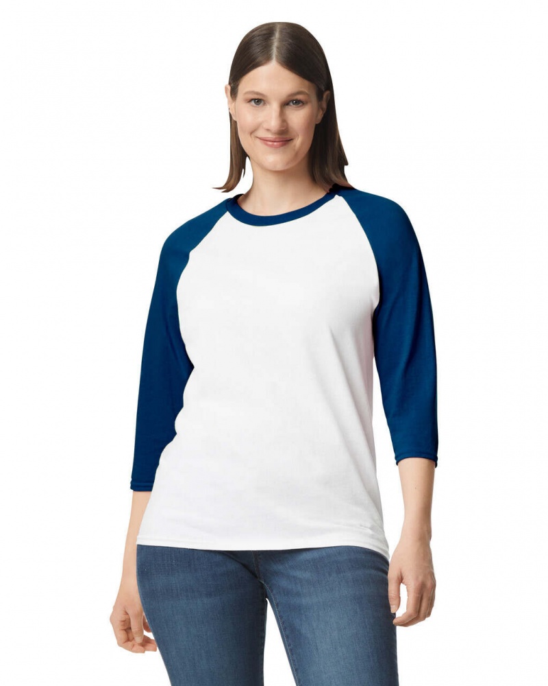 Women\'s Gildan 5700 3/4 Raglan T-Shirts White / Navy | XUWO82941