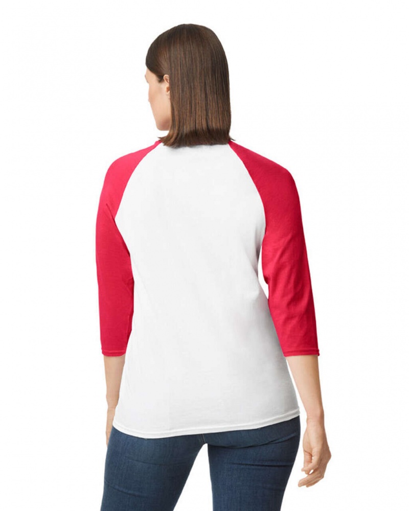 Women's Gildan 5700 3/4 Raglan T-Shirts White / Red | UEJM96045