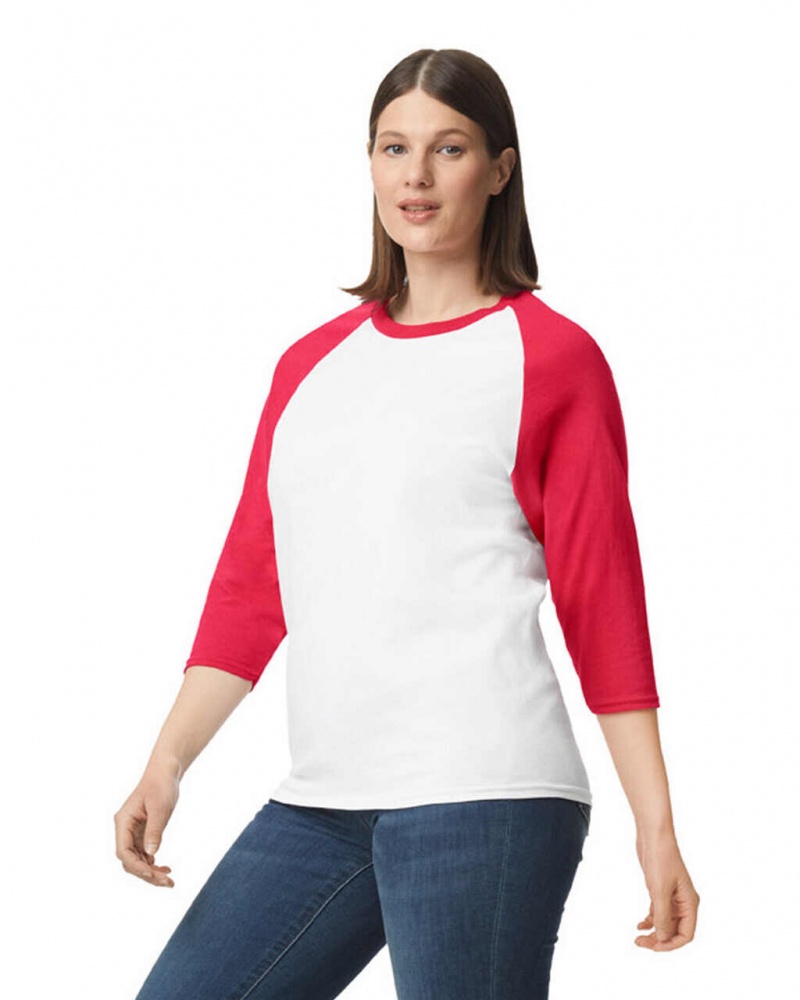 Women's Gildan 5700 3/4 Raglan T-Shirts White / Red | UEJM96045