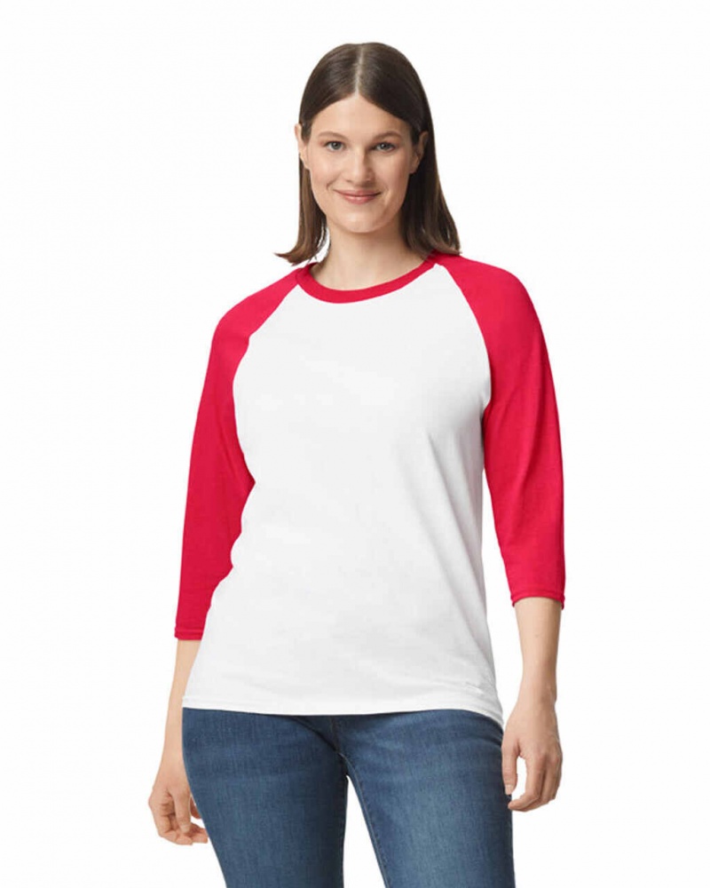 Women\'s Gildan 5700 3/4 Raglan T-Shirts White / Red | UEJM96045