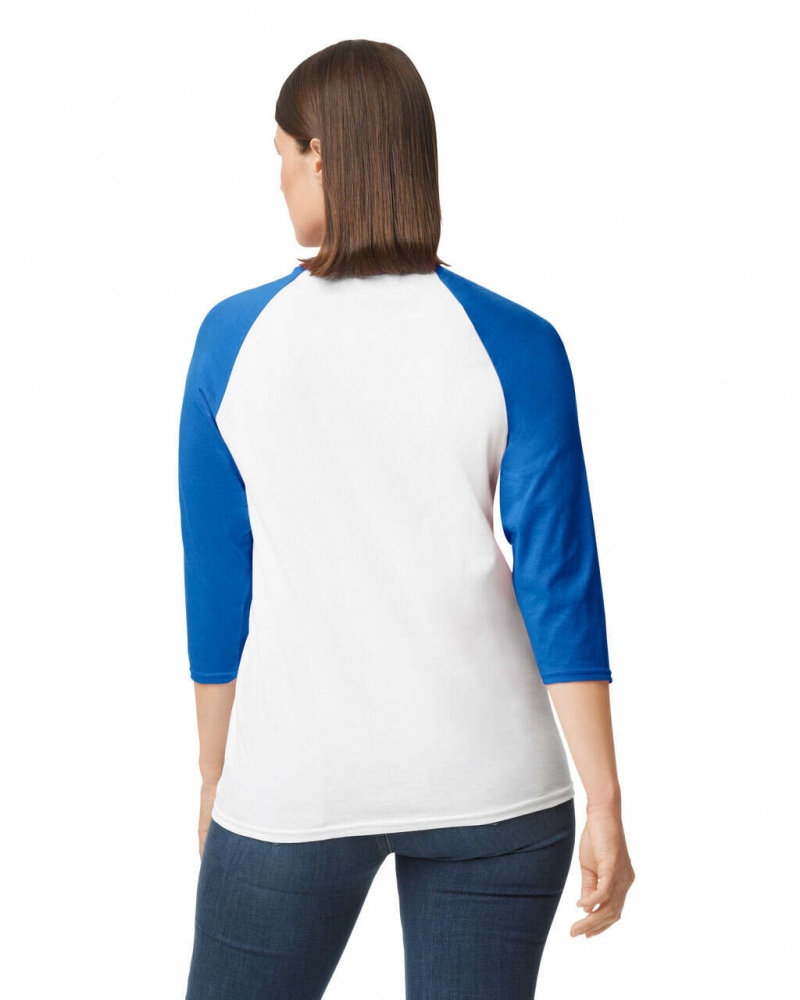 Women's Gildan 5700 3/4 Raglan T-Shirts White / Royal | QVYE67835