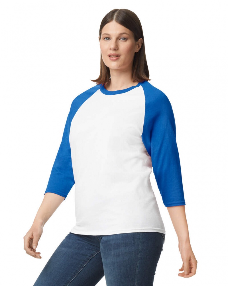 Women's Gildan 5700 3/4 Raglan T-Shirts White / Royal | QVYE67835