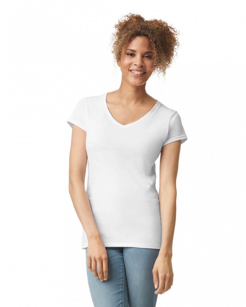 Women's Gildan 64V00L V-Neck T-Shirts White | LJMQ18540