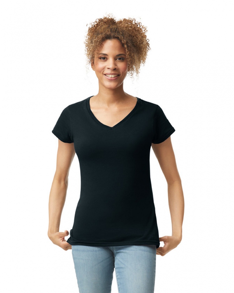 Women\'s Gildan 64V00L V-Neck T-Shirts Black | HTAZ49827