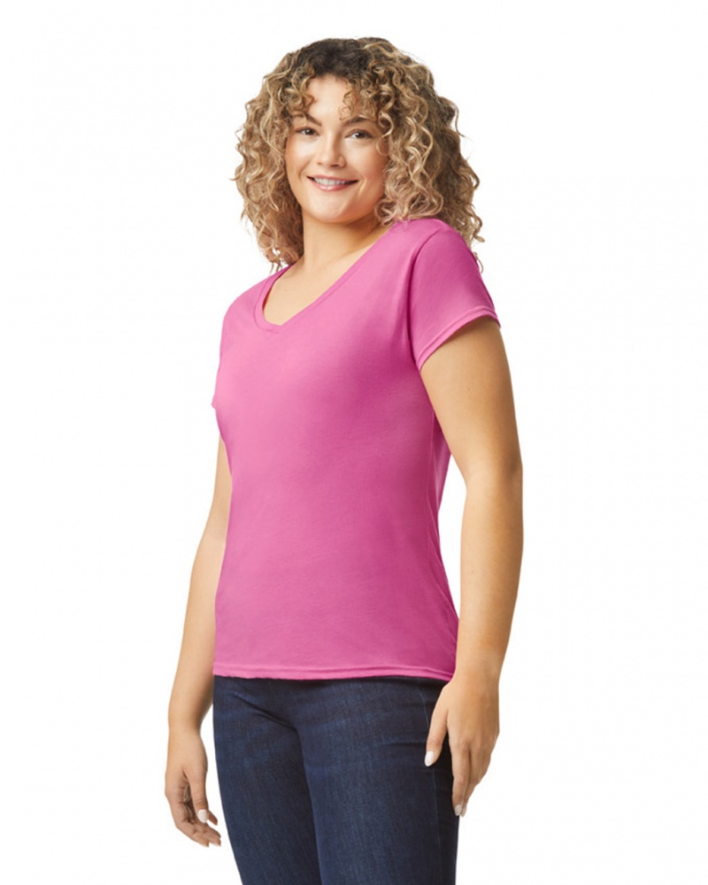 Women's Gildan 64V00L V-Neck T-Shirts Azalea | HXEK59803