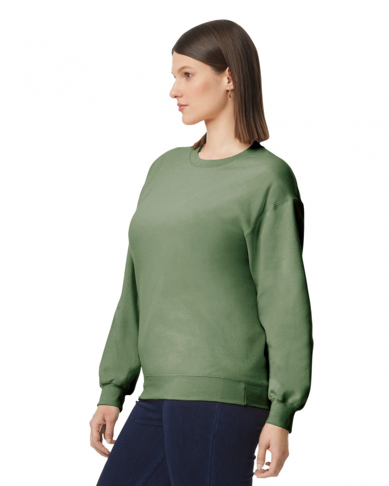 Women's Gildan SF000 Midweight Fleece Crewneck Sweatshirt Military Green | QCDN80657